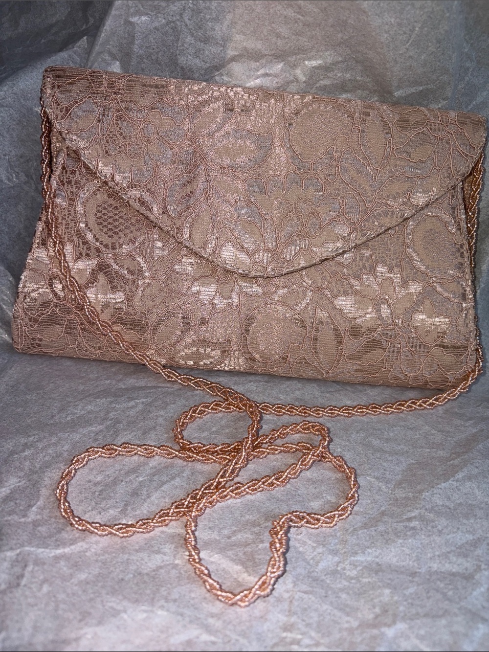 NEW Dusty Pink Lacey Beaded Clutch/Crossbody Evening Bag